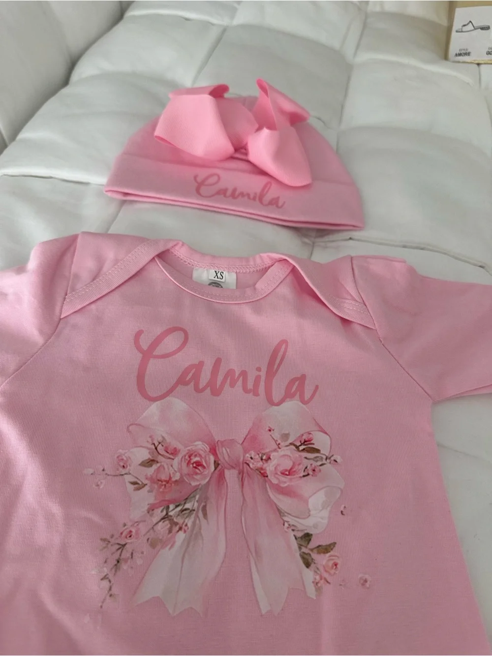 Pink Personalized Floral Baby One-Piece with Hat from Etsy. Name - Camila